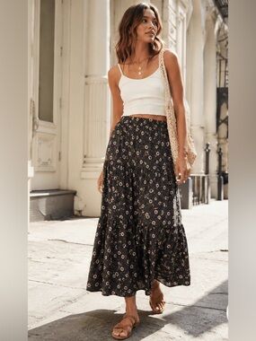 Les Amis-Bohemian Tiered Black Floral Maxi Skirt various sizes